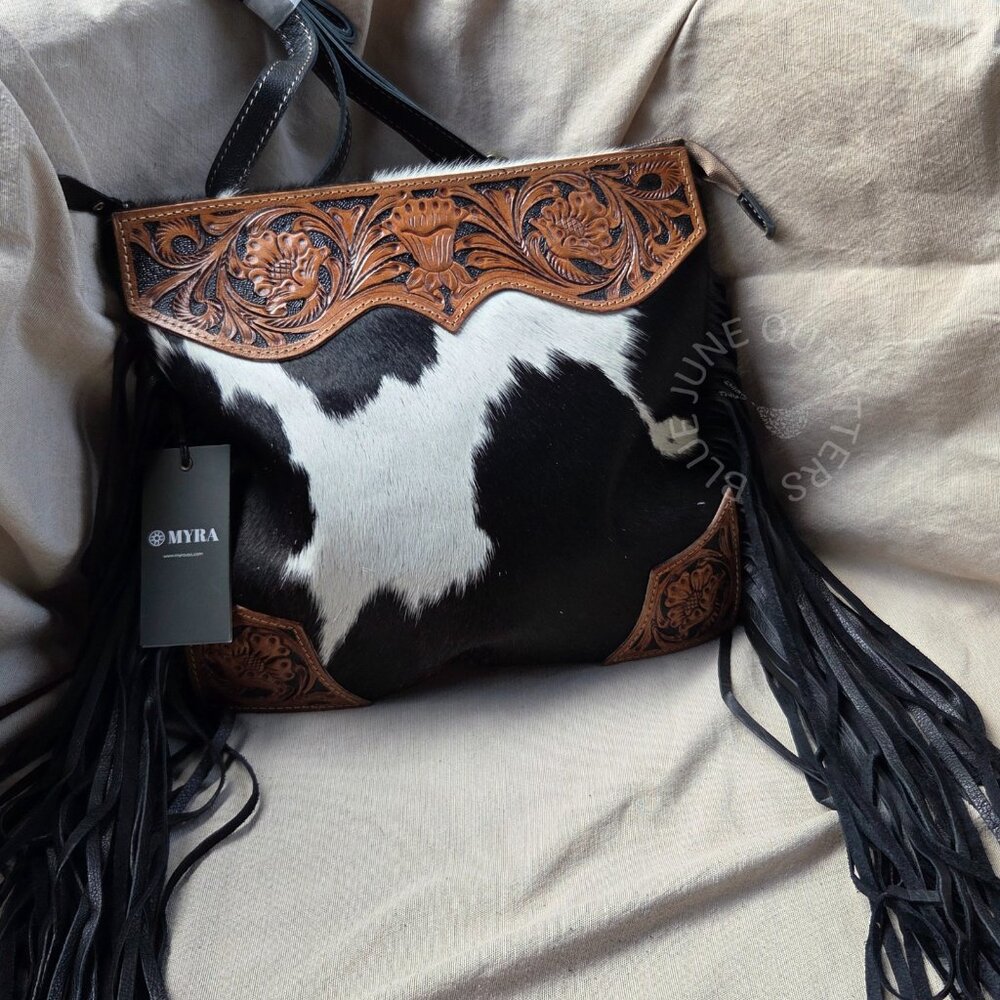 Tumbleweed Trail Fringed Hand-Tooled Bag | Myra Bag SKU S-7869 | Hair On Leather